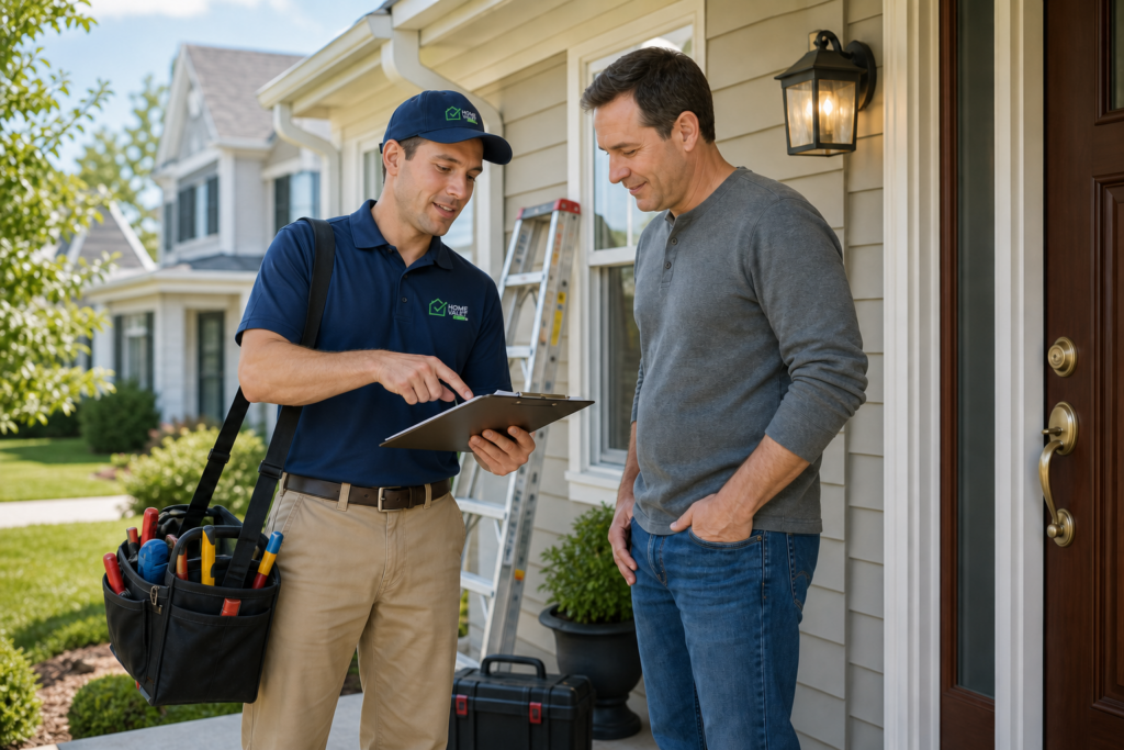Home Valet Pros technician reviewing a home maintenance checklist with a homeowner on a front porch